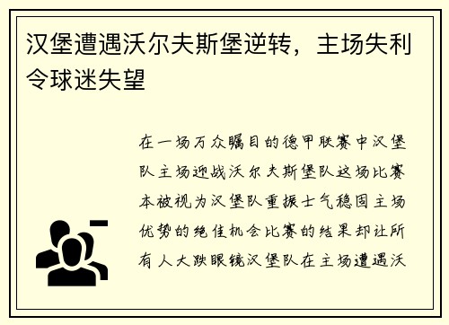 汉堡遭遇沃尔夫斯堡逆转，主场失利令球迷失望